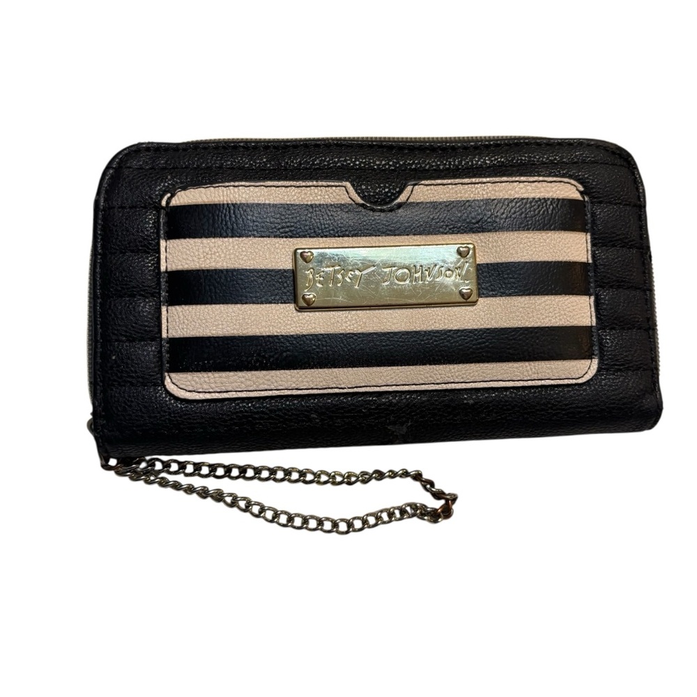 Betsey Johnson Wallet Black Cream Striped Wristlet Faux Leather Ziparound FLAWS